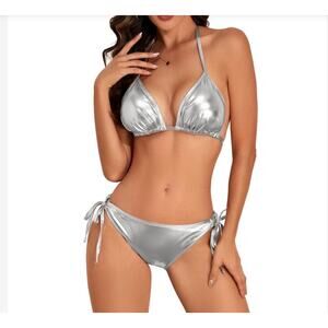 Century Star Women Silver Triangle Bikini Set Tie Side String Swimsuit XL